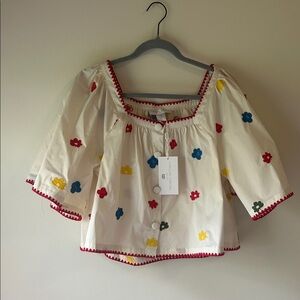 Caroline Constas Ivory 3/4 Sleeve Embroidered Cropped Blouse Sz S NWT $295 MSRP